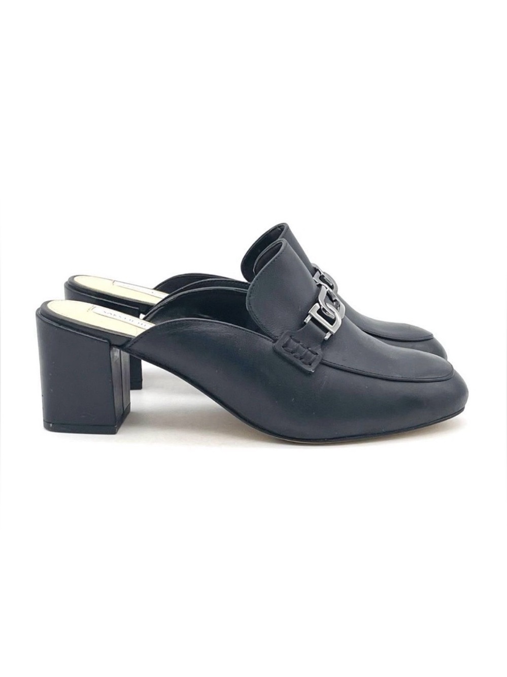 Saks Fifth Avenue Black Leather Block Heel Mules Size 7.5 Horsebit Loafers Y2K